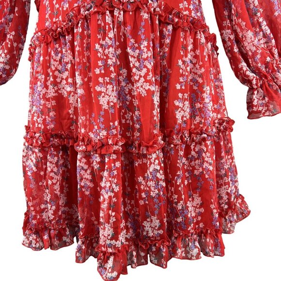 Selfie XL NWT Floral Open Back Ruffle Chiffon Dress Red Long Sleeve Deep V Neck - Picture 7 of 16